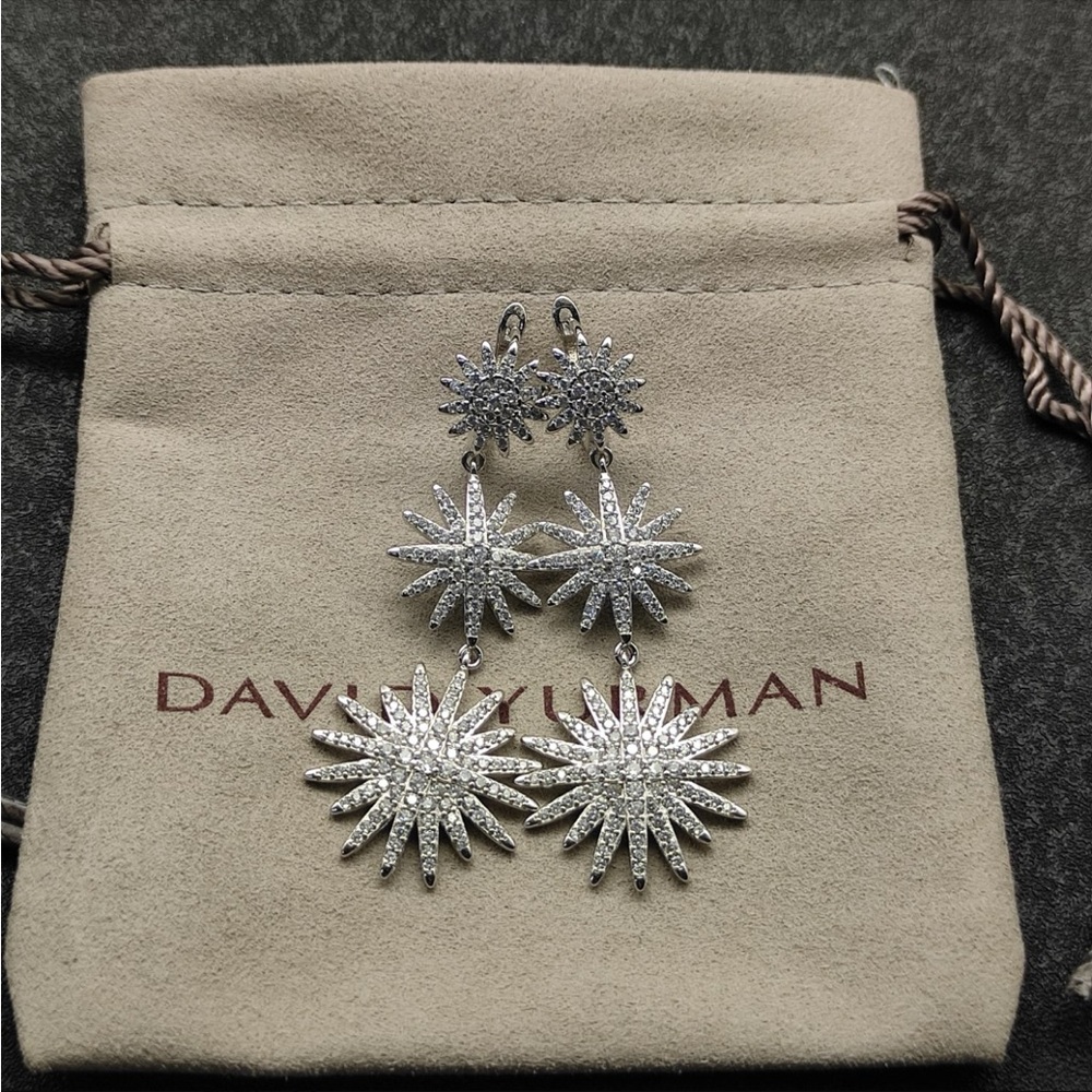 David Yurman Dazzling Silver Starburst Drop Earrings with Crystal Pavé